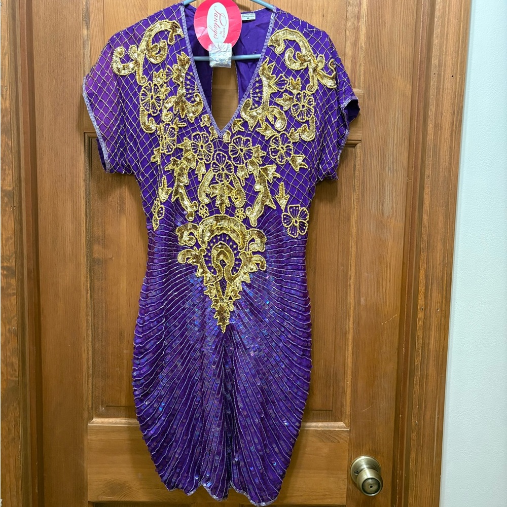 Vintage Purple and Gold Embellished Dress silk nwt